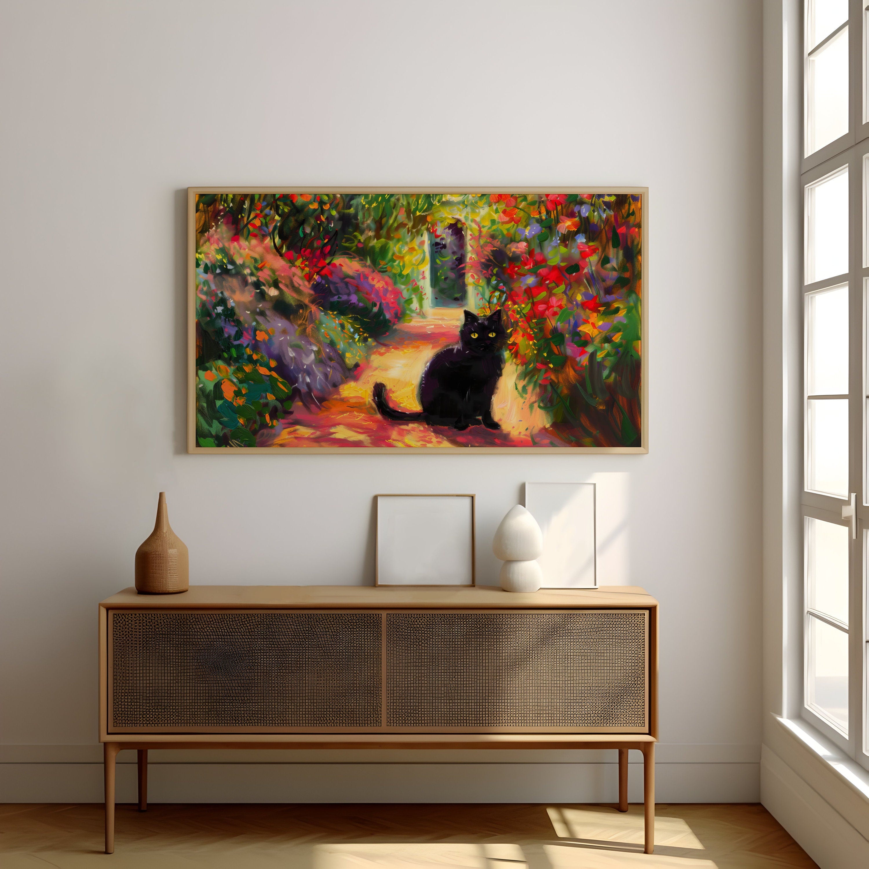 Garden Guardian Black Cat in a Floral Paradise Interactive Wall Art