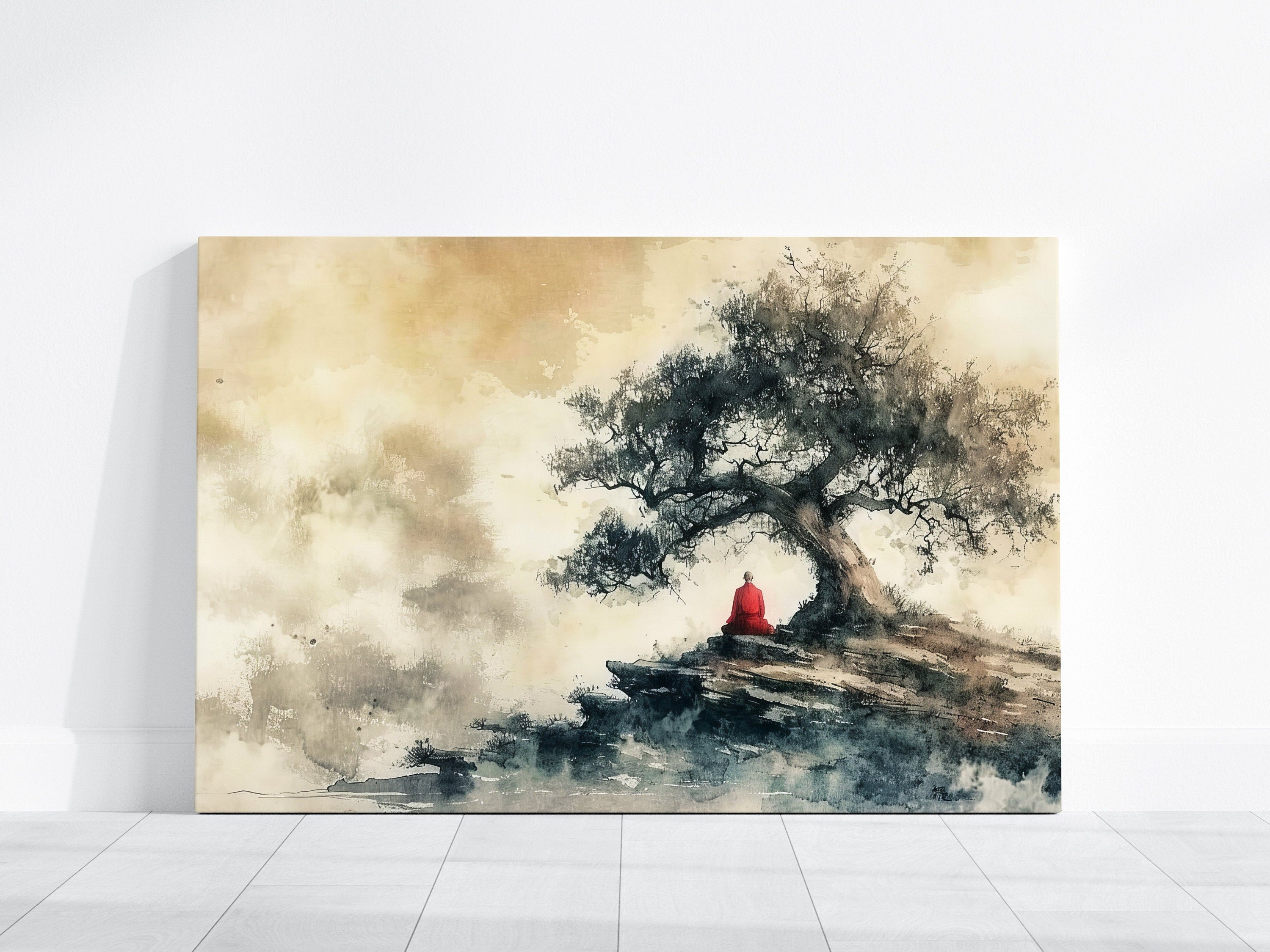 The Ancient Path: Meditating Monk Under Tree Watercolor | Serene & Spiritual Zen Art