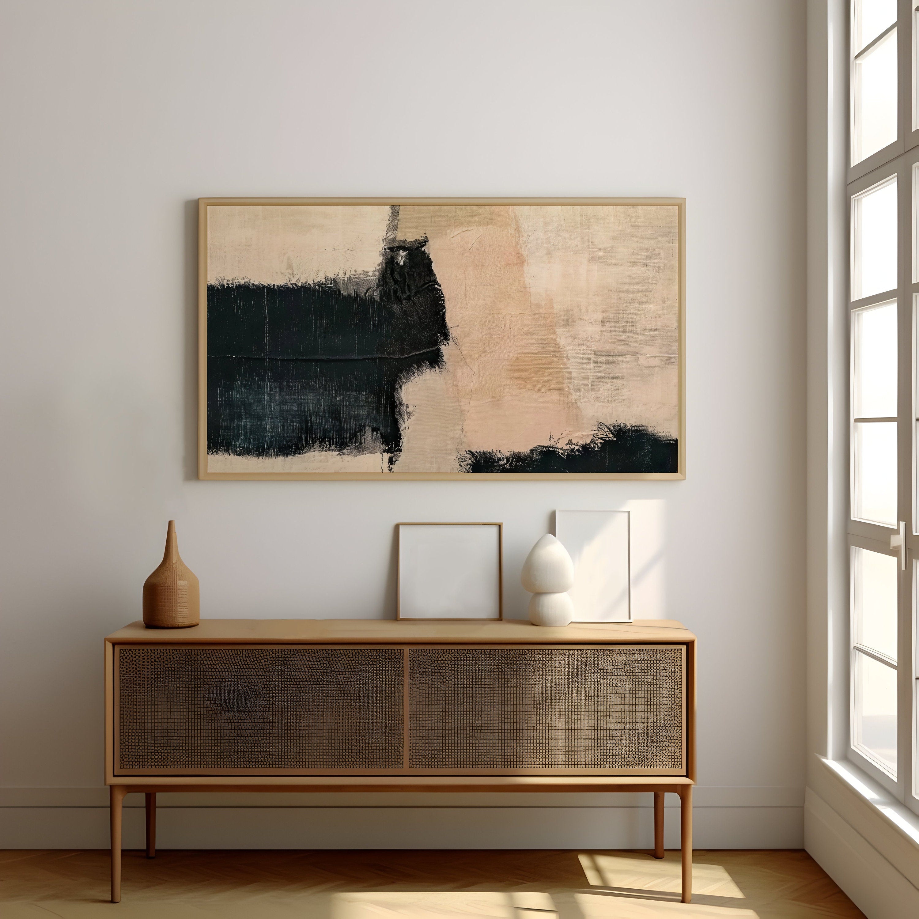 Whispered Shadows Minimalist Abstract in Black and Beige Interactive Wall Art