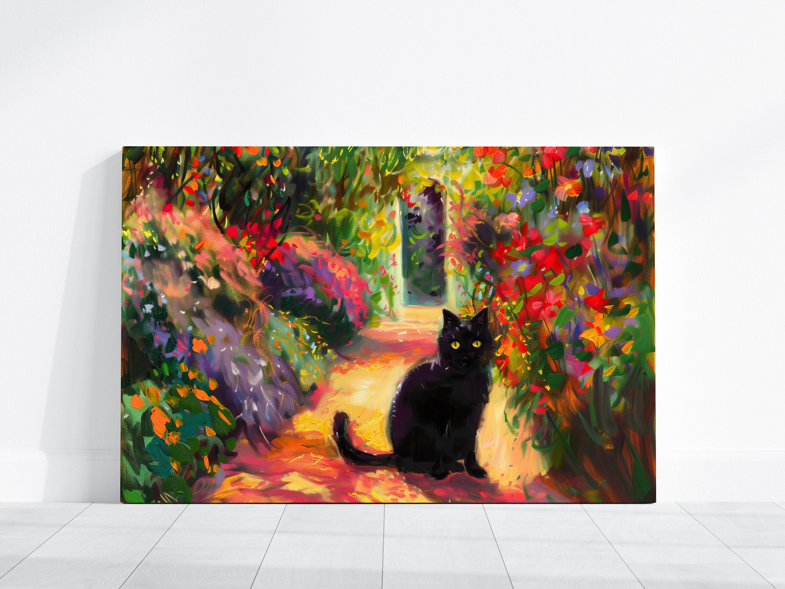 Garden Guardian Black Cat in a Floral Paradise Interactive Wall Art