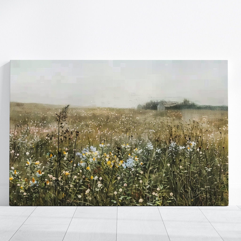 Whispers of Dawn: Impressionist Wildflower Field & Barn Art | Serene & Nostalgic Farmhouse Decor