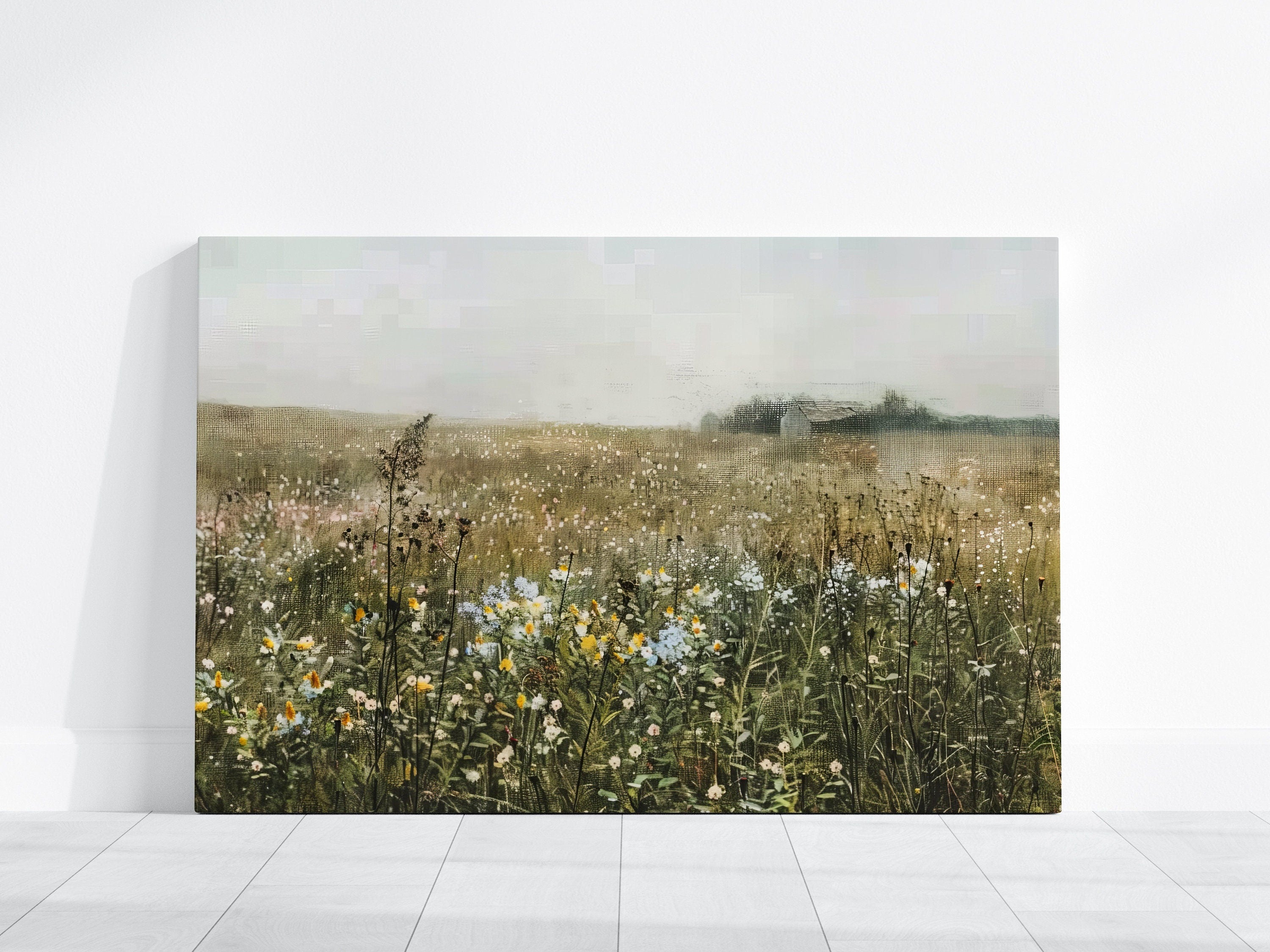 Whispers of Dawn: Impressionist Wildflower Field & Barn Art | Serene & Nostalgic Farmhouse Decor