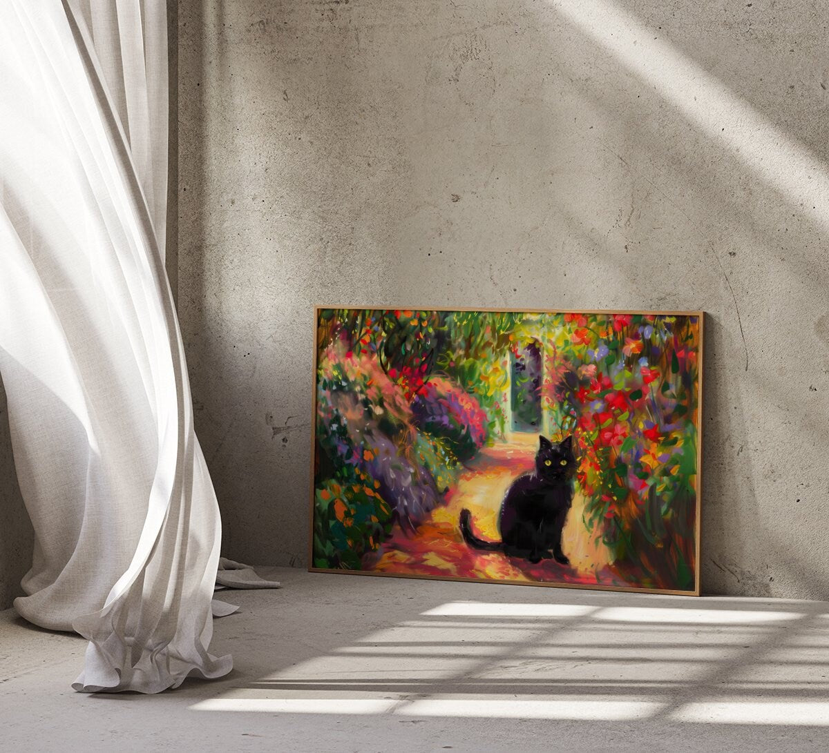 Garden Guardian Black Cat in a Floral Paradise Interactive Wall Art