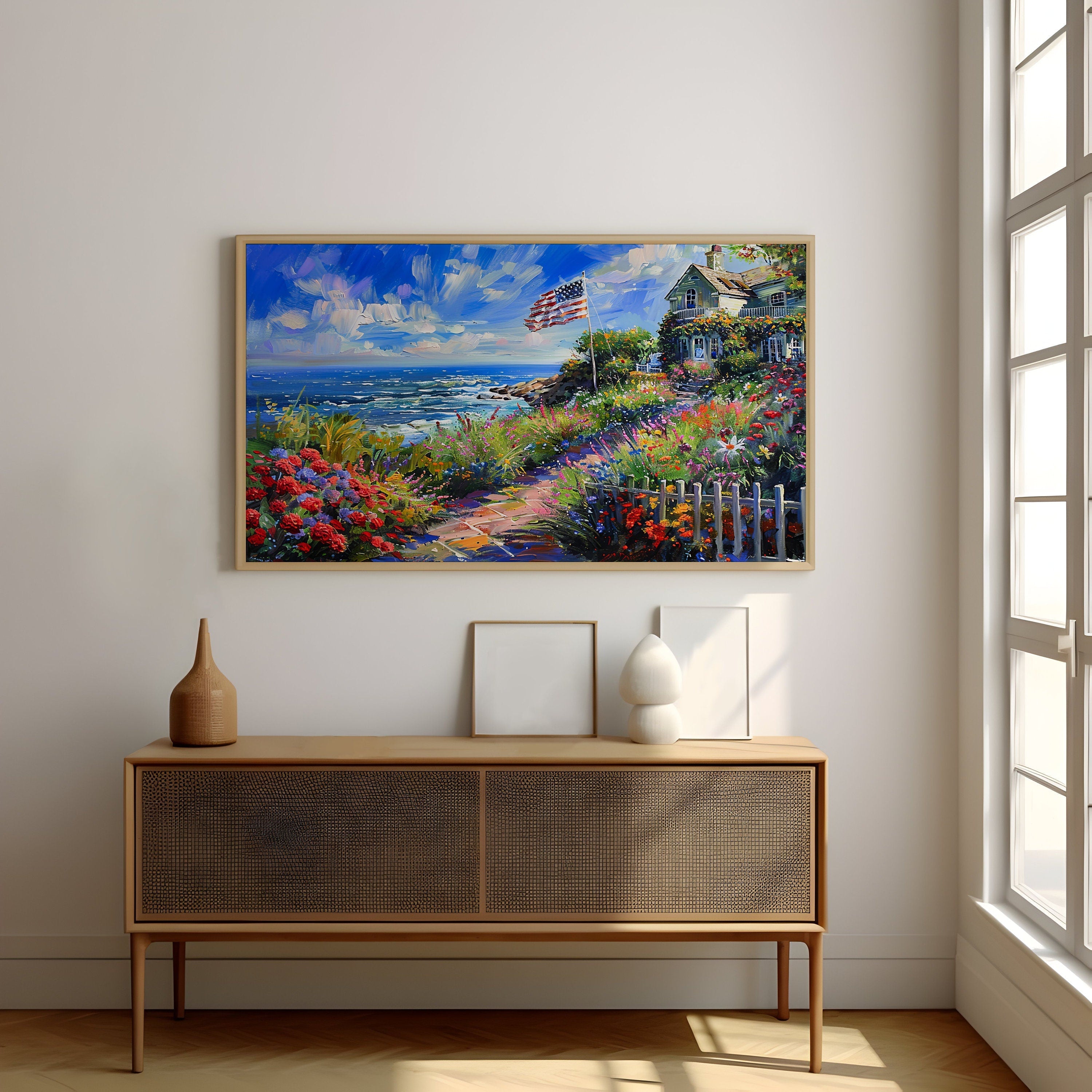 The American Dream: Impressionist Coastal Cottage with Flag | Patriotic & Serene Wall Art