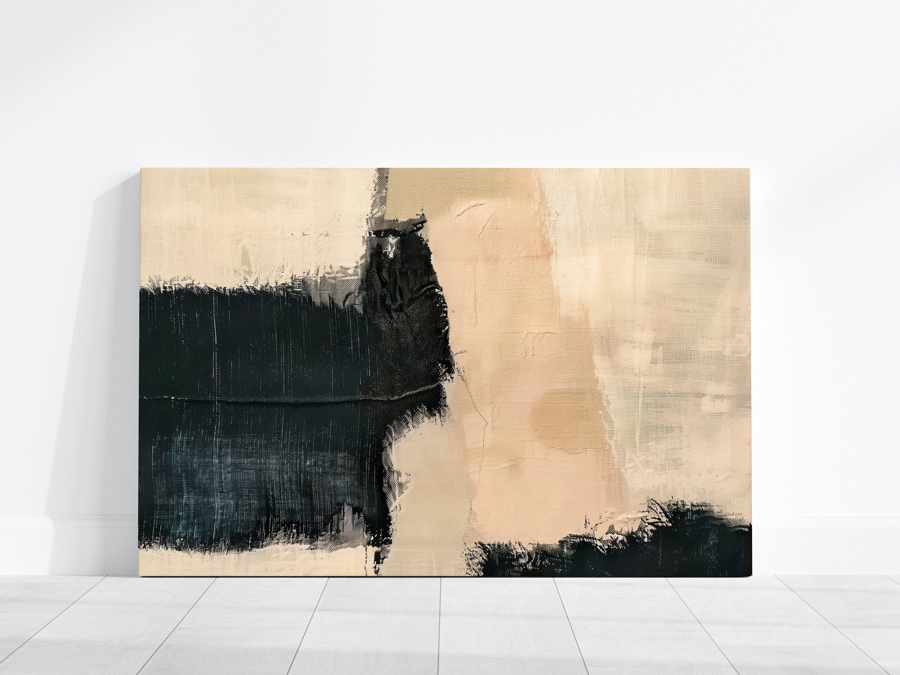 Whispered Shadows Minimalist Abstract in Black and Beige Interactive Wall Art