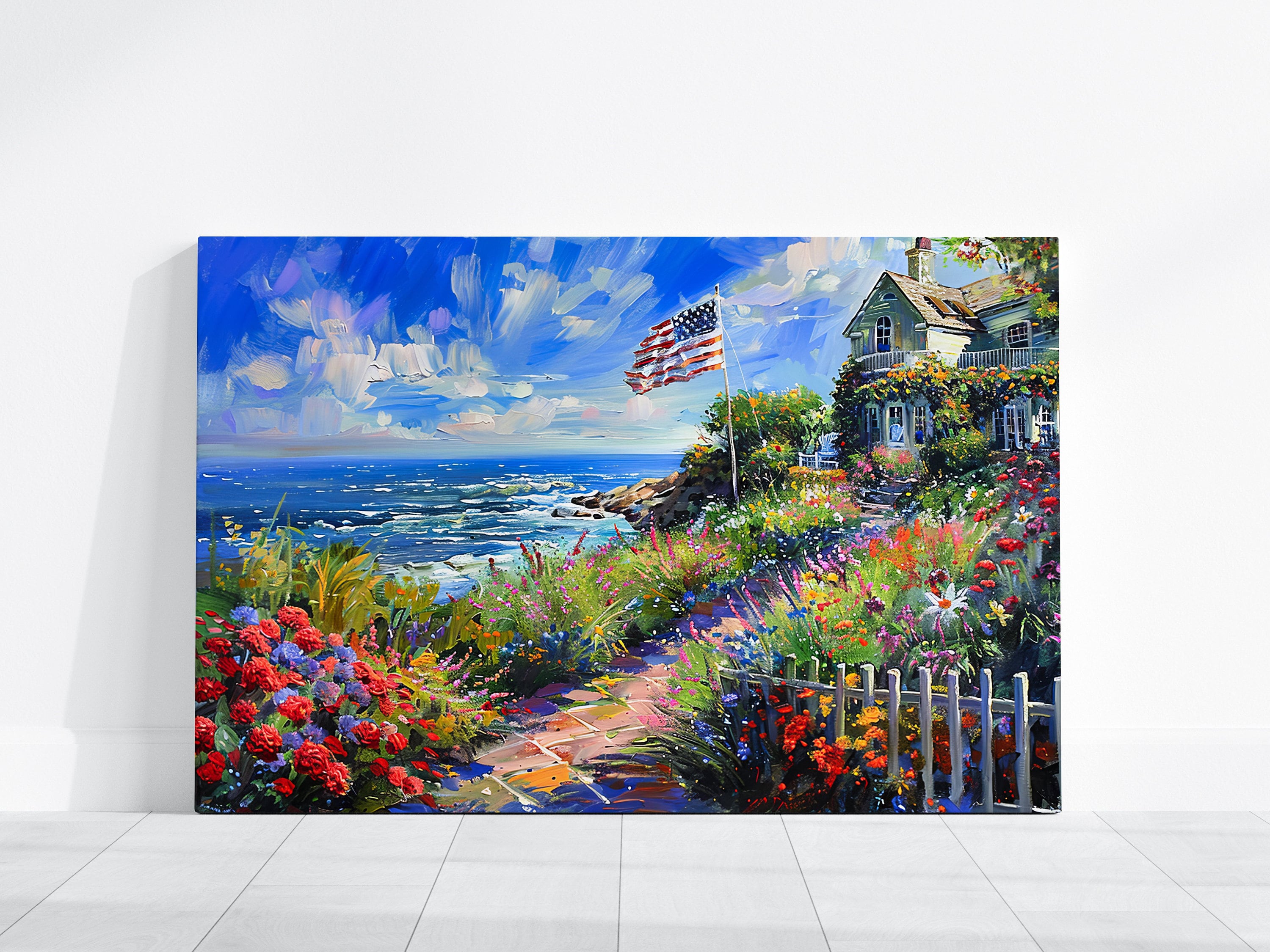 The American Dream: Impressionist Coastal Cottage with Flag | Patriotic & Serene Wall Art