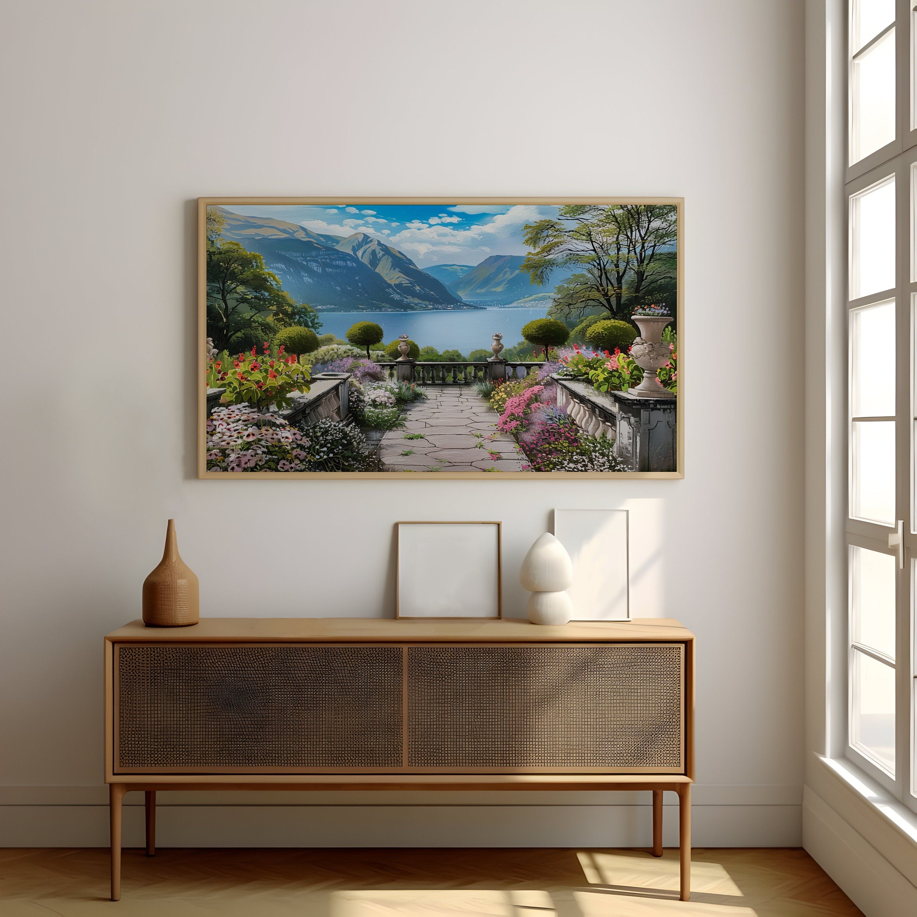 The Walled Garden: Tranquil Lake & Mountain Vista | Serene & Idyllic Landscape Art