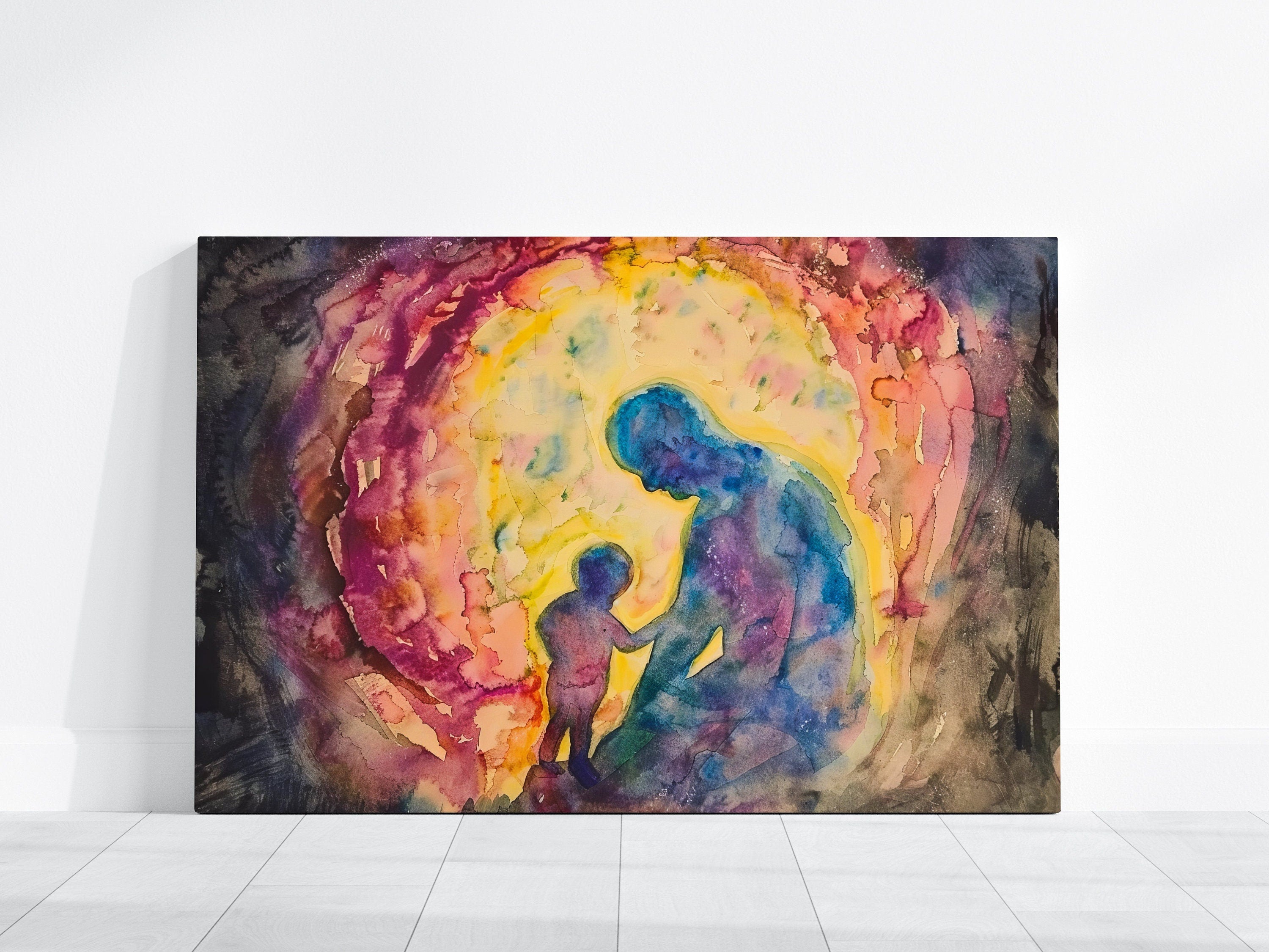 The Eternal Bond: Father and Son Silhouette Watercolor | Heartfelt & Modern Family Wall Art