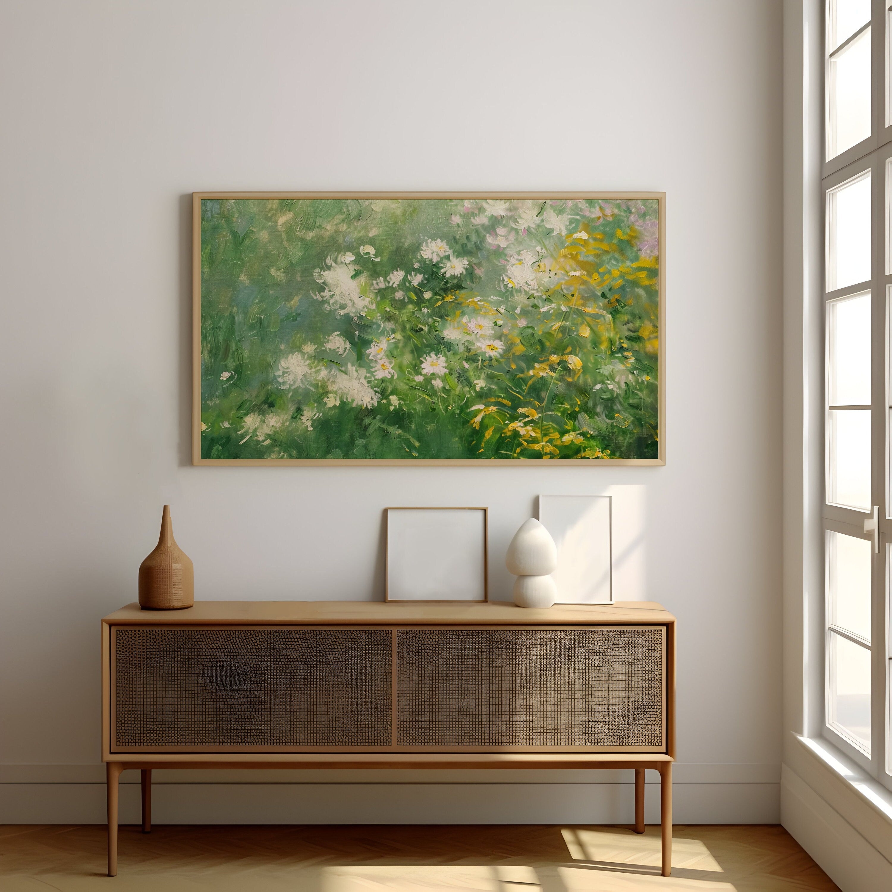 Meadow Serenity: Impressionist Wildflower Field Art | White & Yellow Floral Landscape Decor