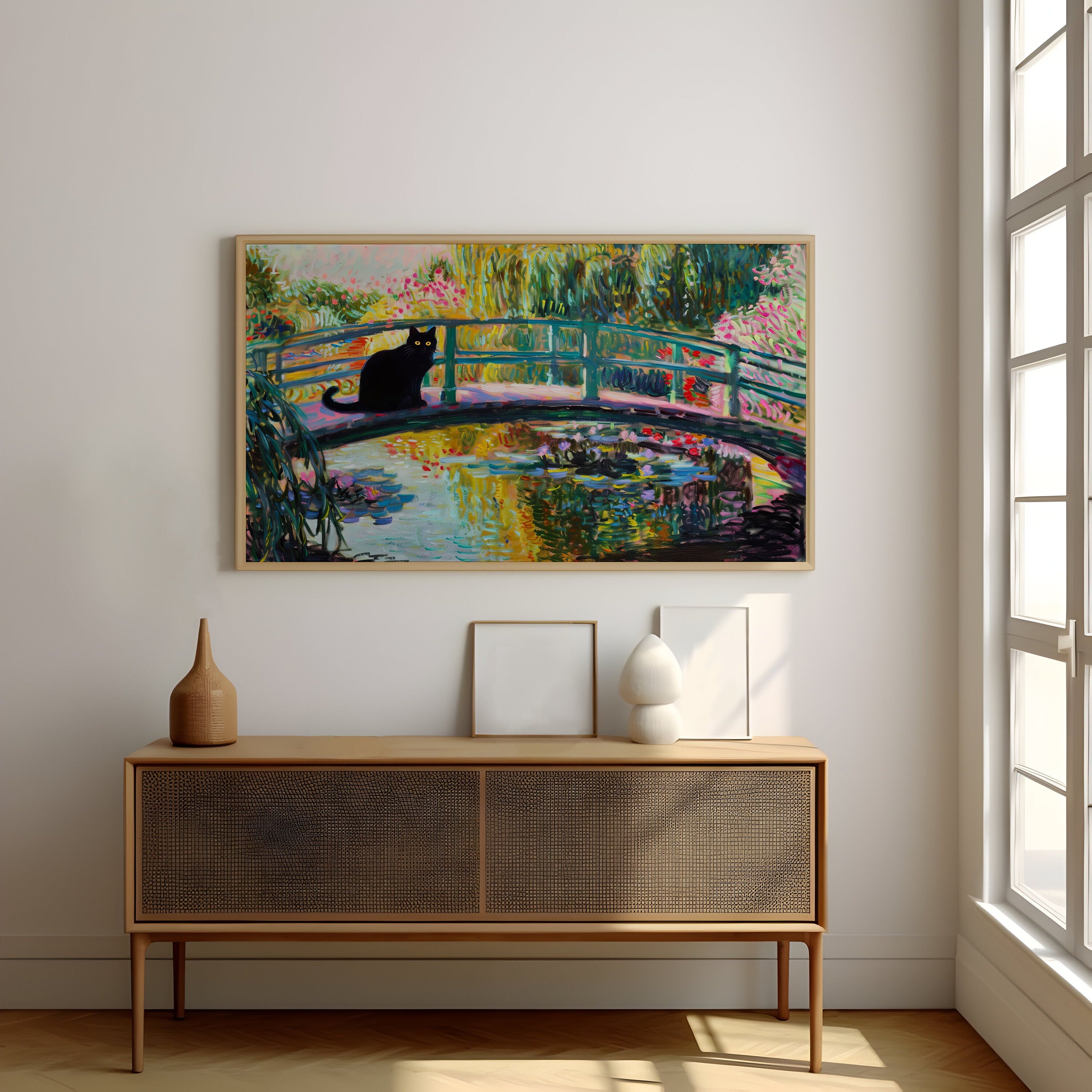 Monet's Muse Black Cat on a Japanese Bridge Interactive Wall Art