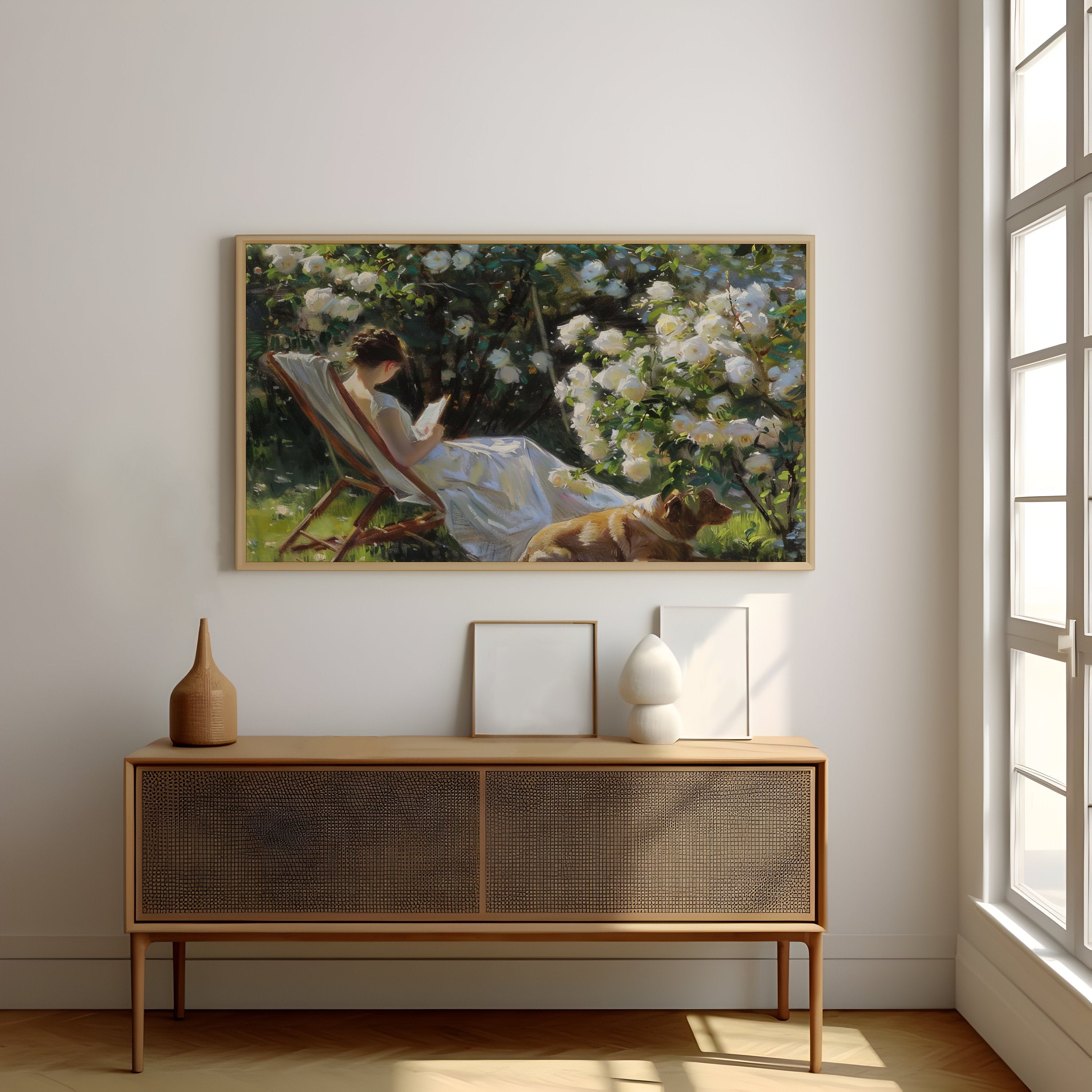 Garden Serenity: Impressionist Woman Reading with Dog | Idyllic & Peaceful Wall Art