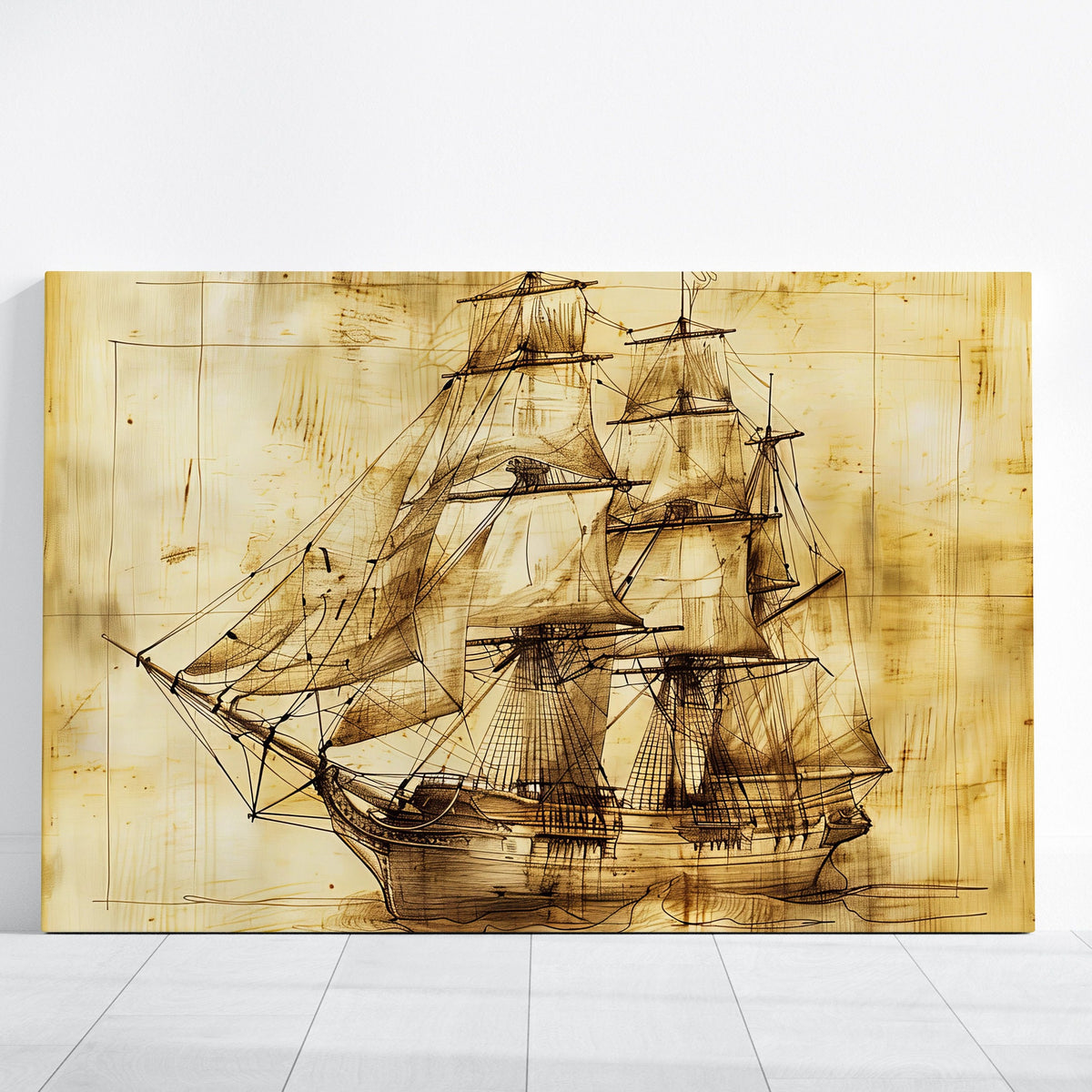 Voyage of Yesteryear Sepia-Toned Sailing Ship Sketch Interactive Wall Art