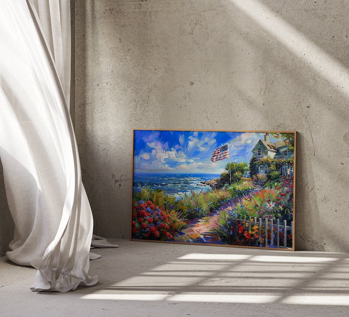 The American Dream: Impressionist Coastal Cottage with Flag | Patriotic & Serene Wall Art