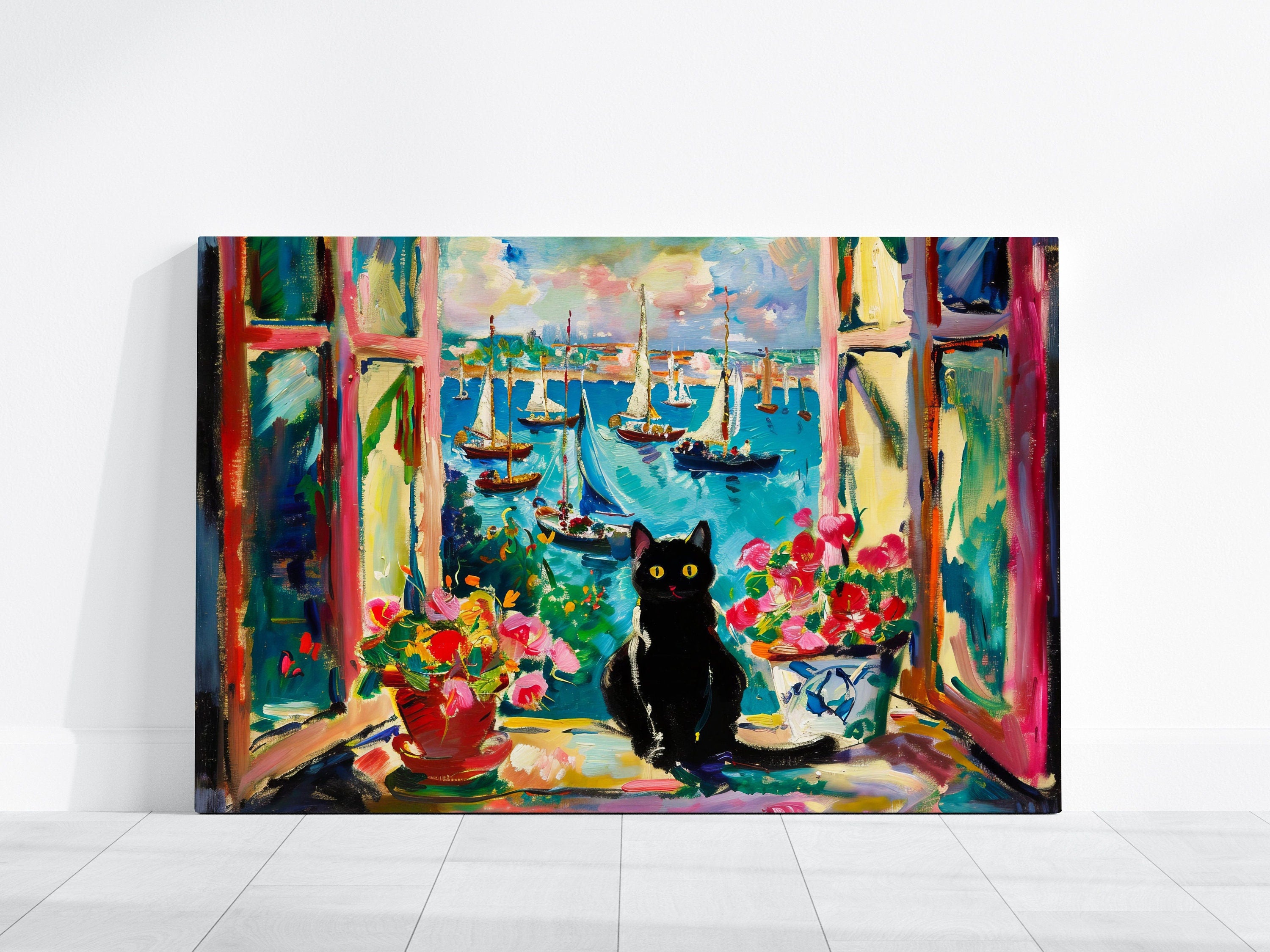 Harbor Dreams: Black Cat on a Window Sill Interactive Wall Art