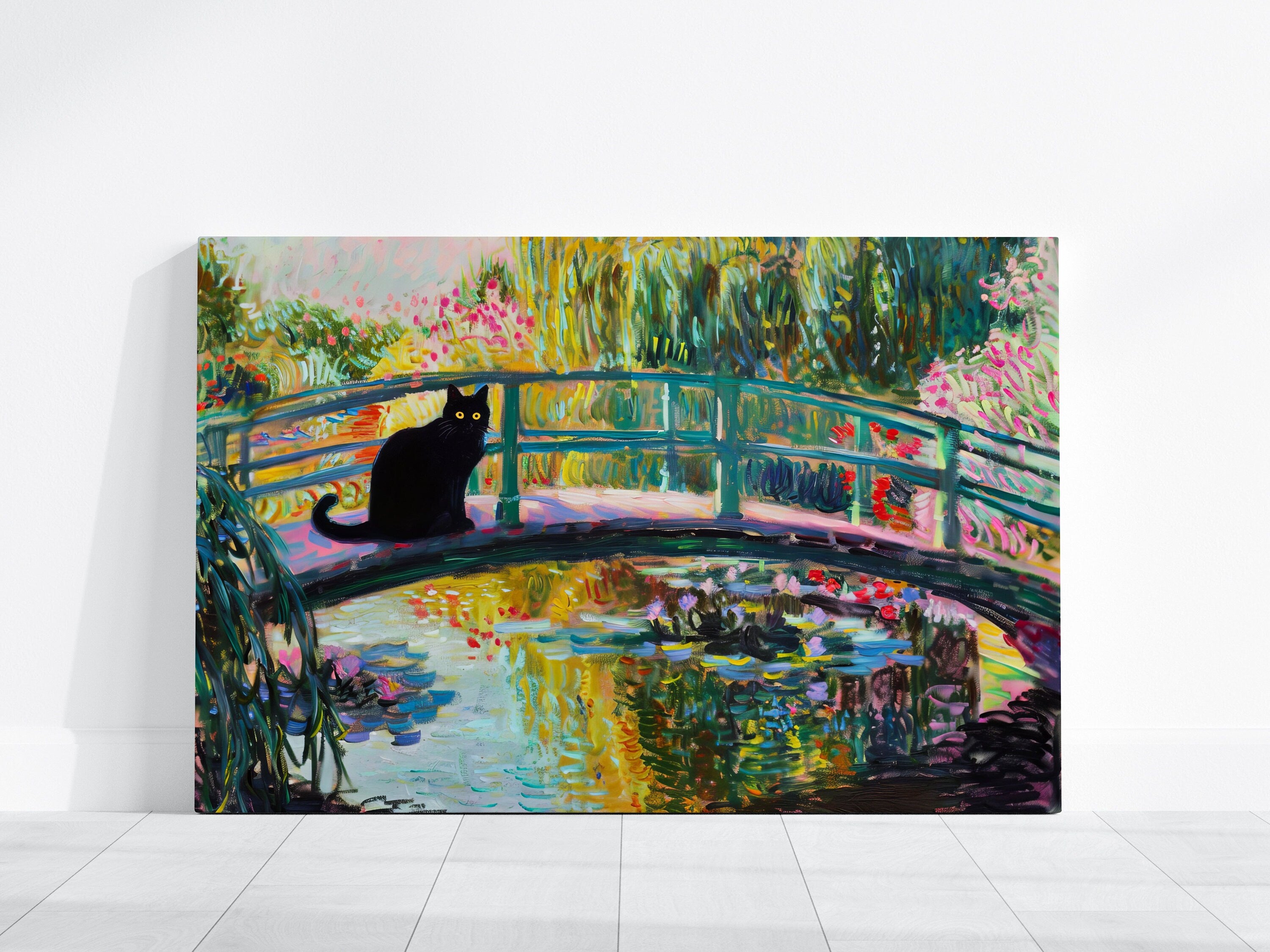 Monet's Muse Black Cat on a Japanese Bridge Interactive Wall Art