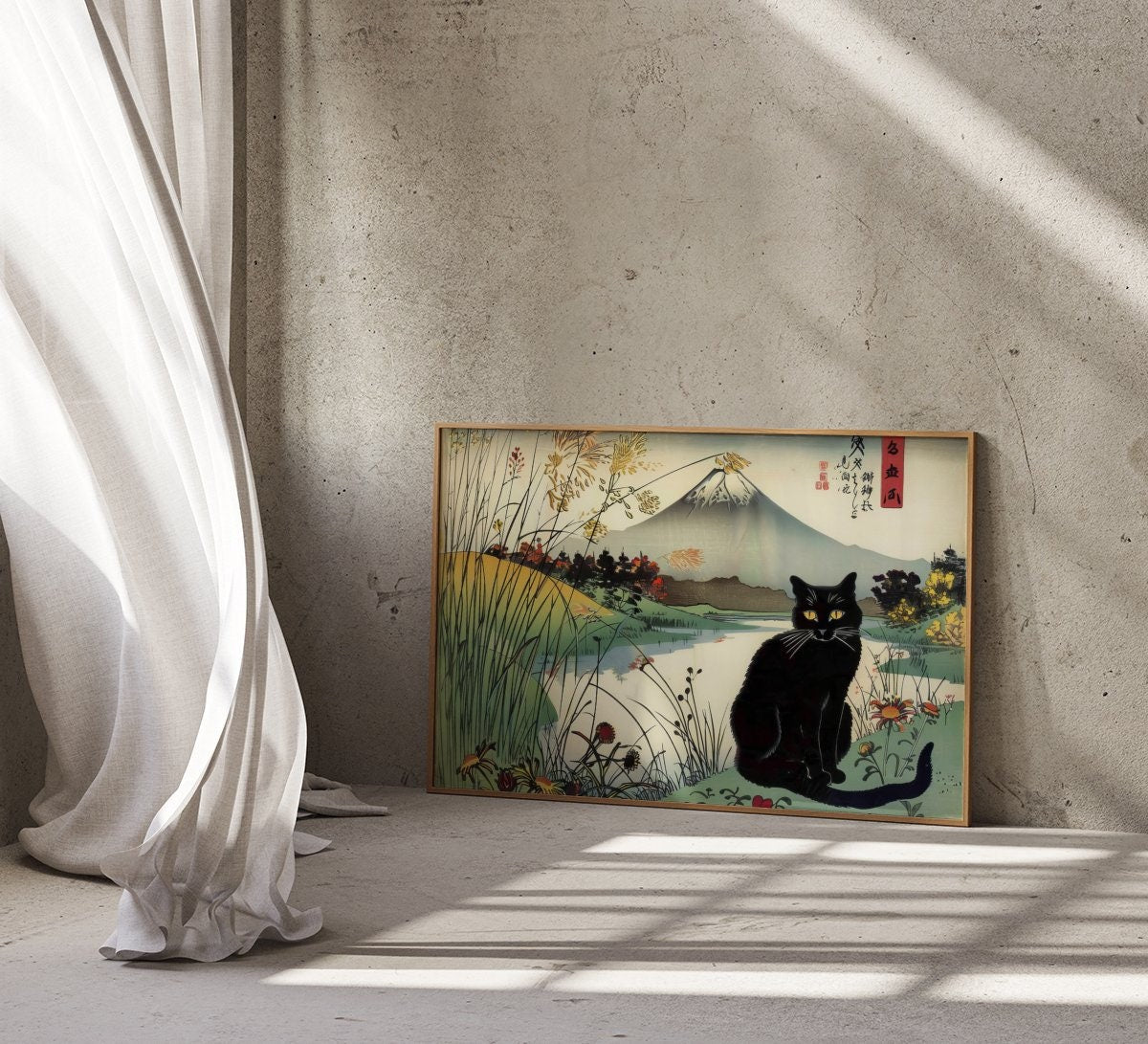 Black Cat in Bloom Ukiyo-e Style Interactive Wall Art