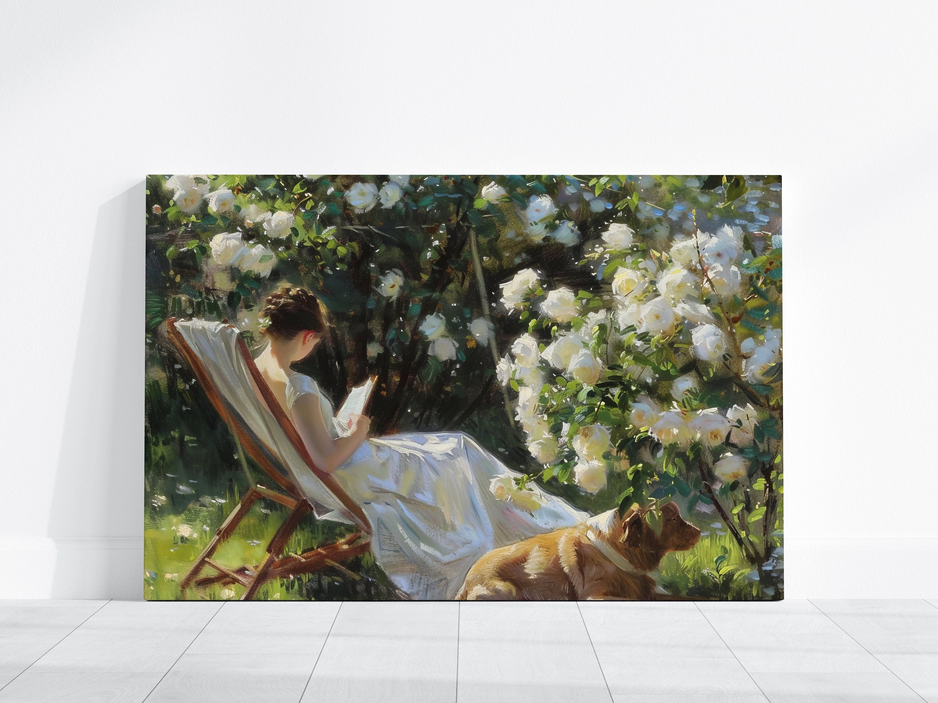 Garden Serenity: Impressionist Woman Reading with Dog | Idyllic & Peaceful Wall Art
