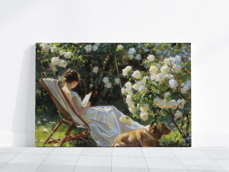 Impressionist Wall Art – Serene Garden Scene with Woman Reading and Dog in Lush Setting