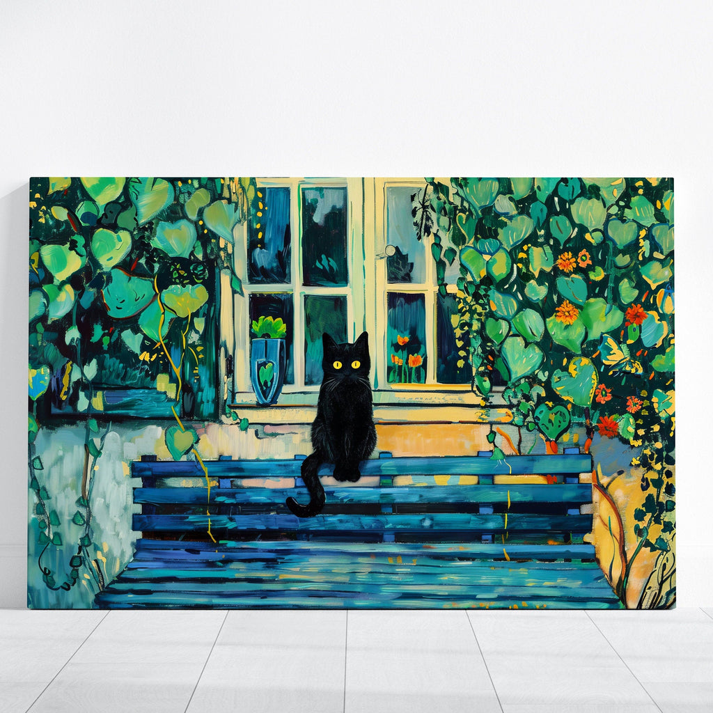 Serenity and Whiskers: Black Cat on Blue Bench Art | Modern, Minimalist & Tranquil Wall Decor