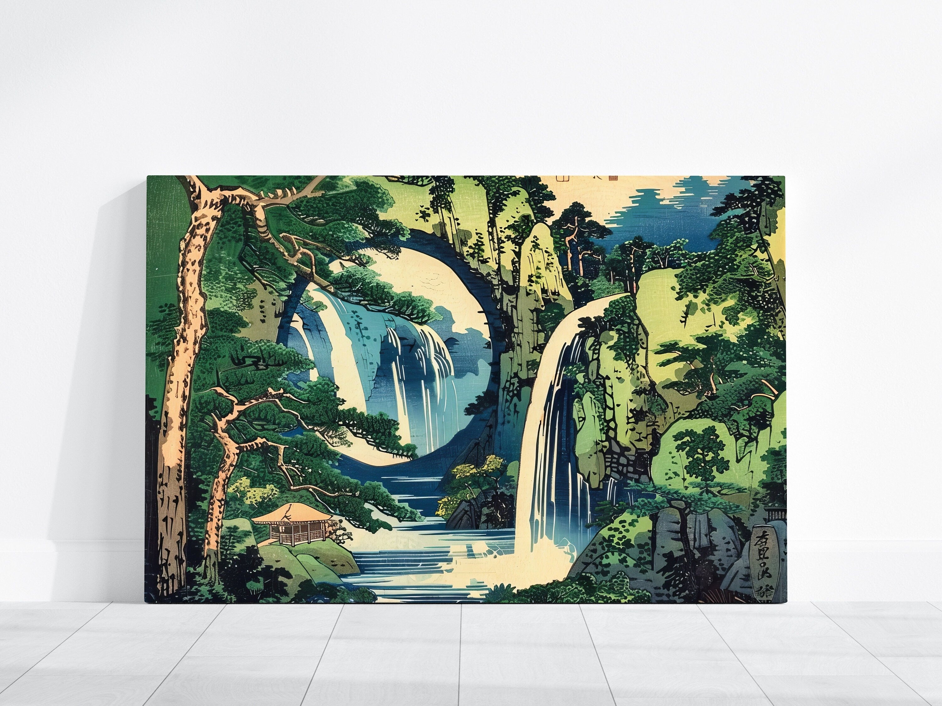 The Hidden Stream: Japanese Ukiyo-e Waterfall & Pavilion | Serene & Traditional Asian Art