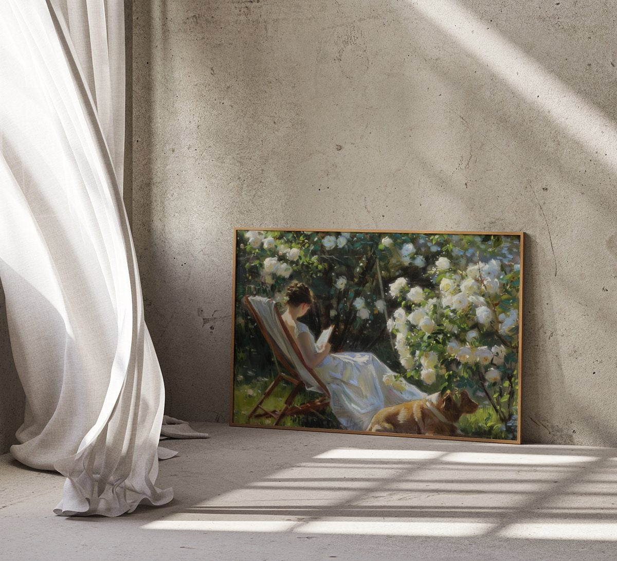 Garden Serenity: Impressionist Woman Reading with Dog | Idyllic & Peaceful Wall Art