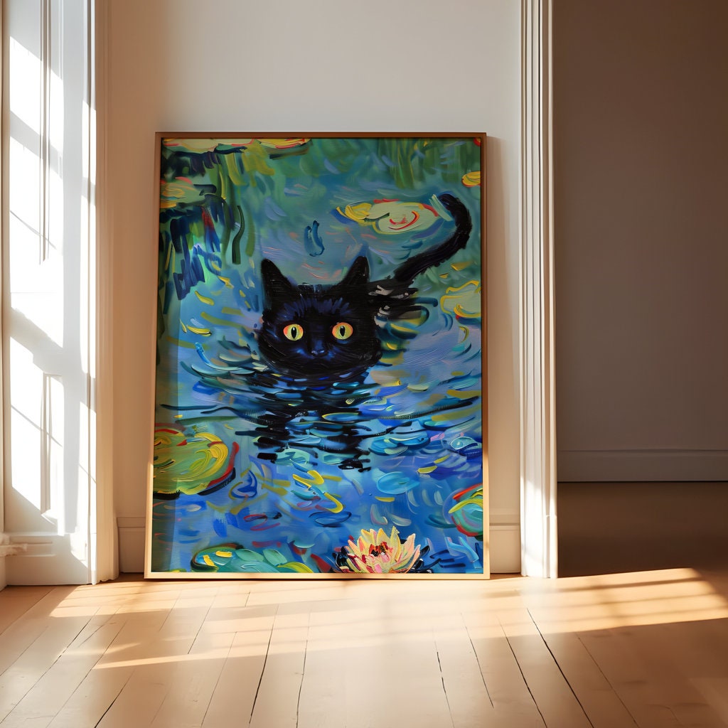 Monet's Prowler Black Cat Among Water Lilies Interactive Wall Art