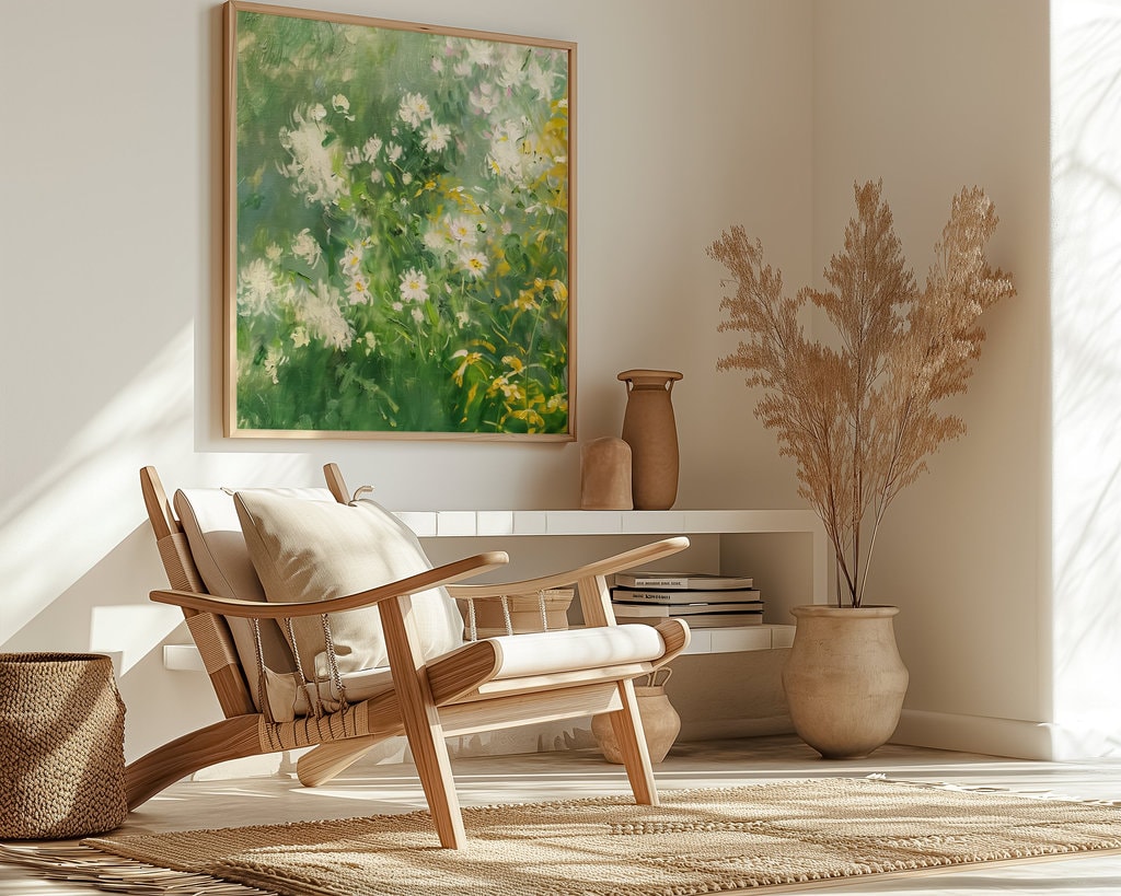 Meadow Serenity: Impressionist Wildflower Field Art | White & Yellow Floral Landscape Decor