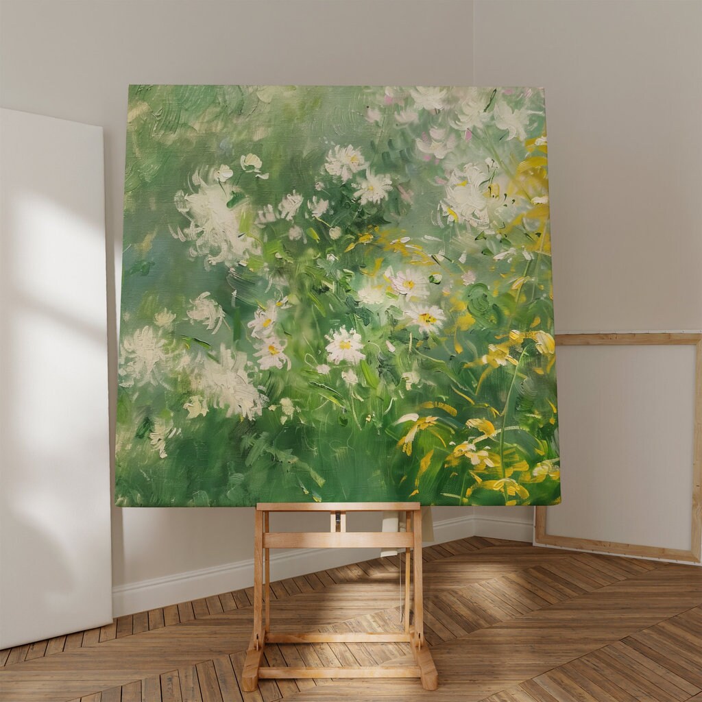 Meadow Serenity: Impressionist Wildflower Field Art | White & Yellow Floral Landscape Decor