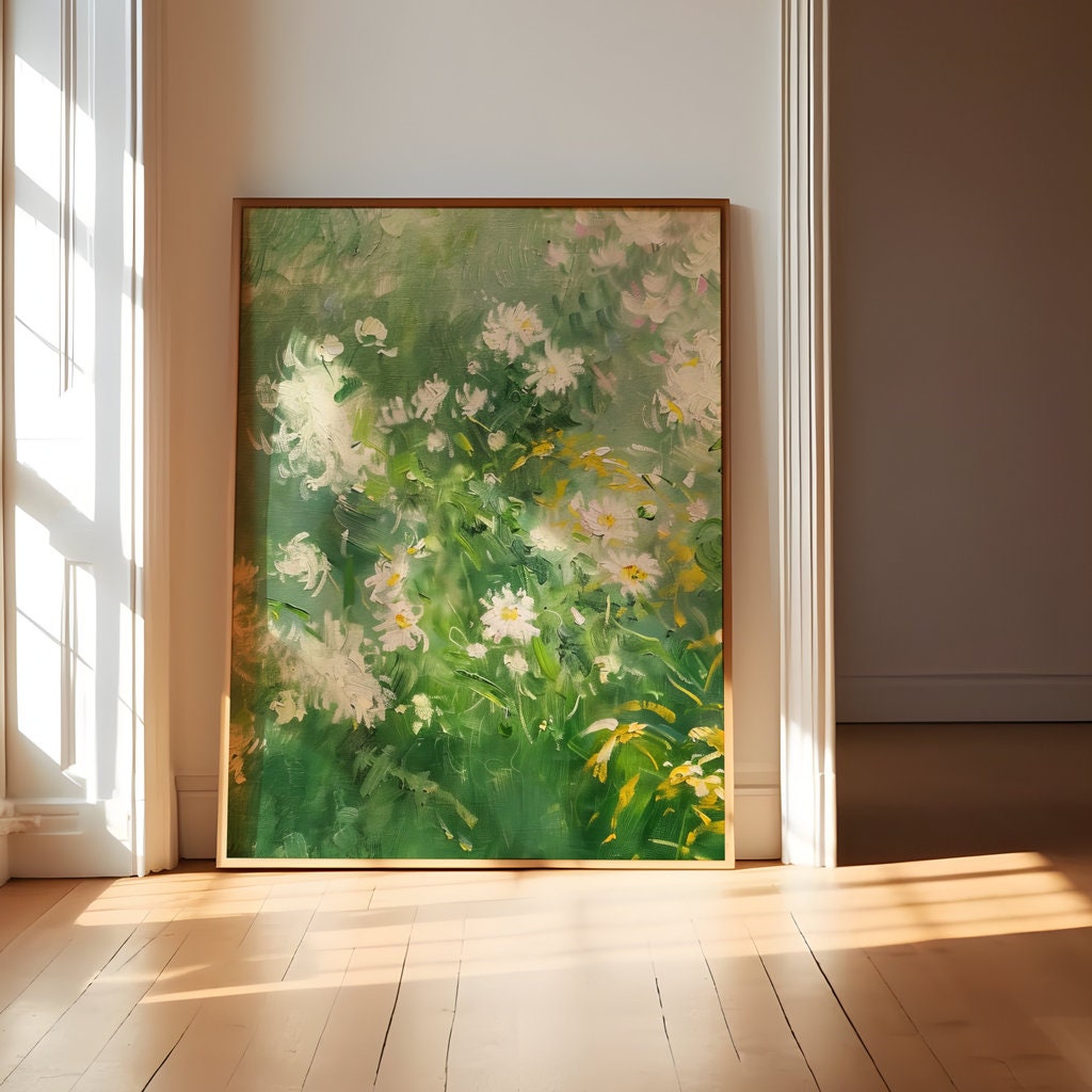 Meadow Serenity: Impressionist Wildflower Field Art | White & Yellow Floral Landscape Decor