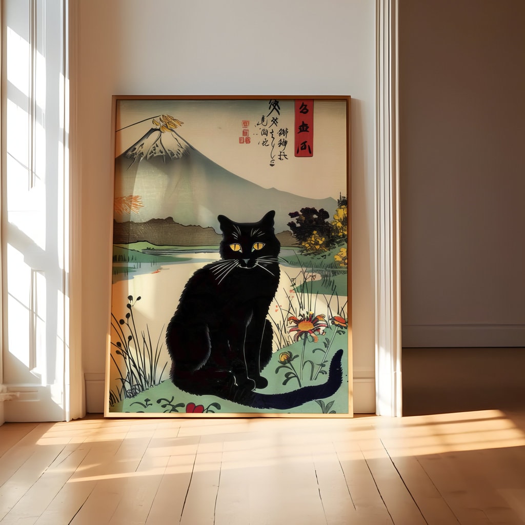 Black Cat in Bloom Ukiyo-e Style Interactive Wall Art