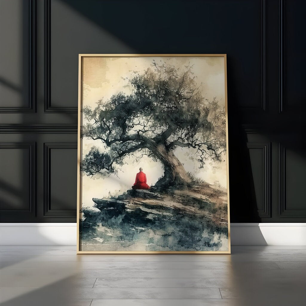 The Ancient Path: Meditating Monk Under Tree Watercolor | Serene & Spiritual Zen Art