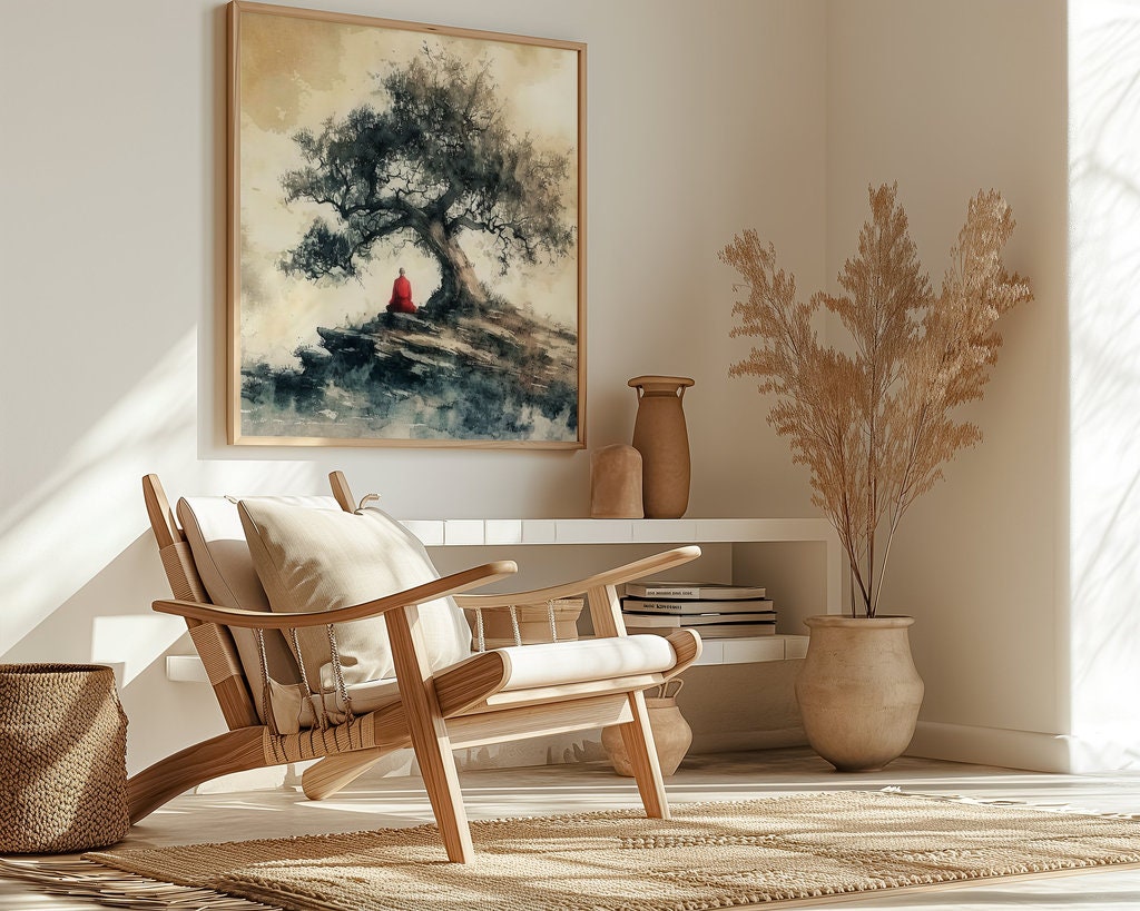 The Ancient Path: Meditating Monk Under Tree Watercolor | Serene & Spiritual Zen Art