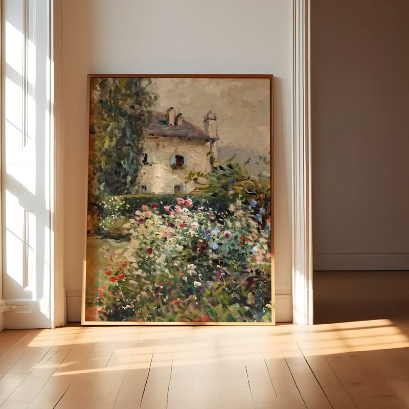 Impressionist Cottage Art – Serene Landscape & Wildflower Garden Painting | Cozy Wall Decor