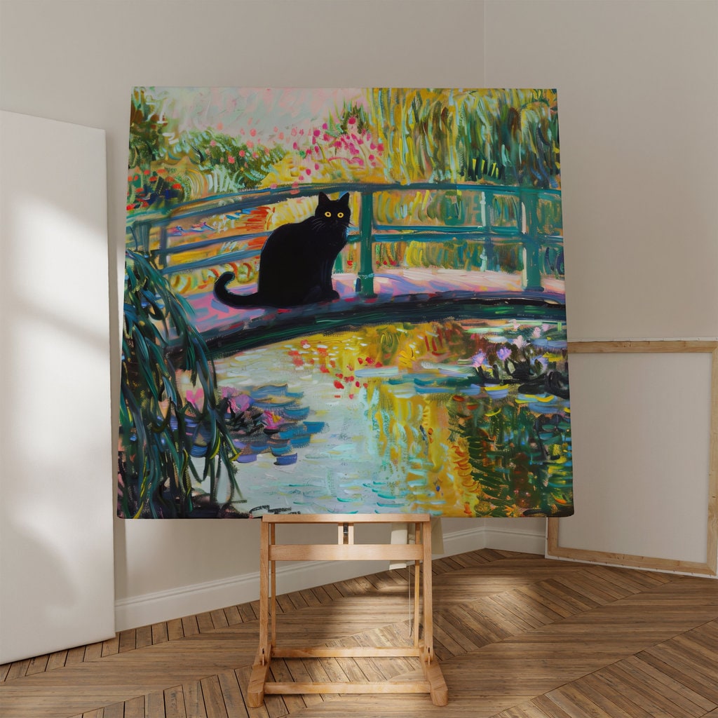 Monet's Muse Black Cat on a Japanese Bridge Interactive Wall Art