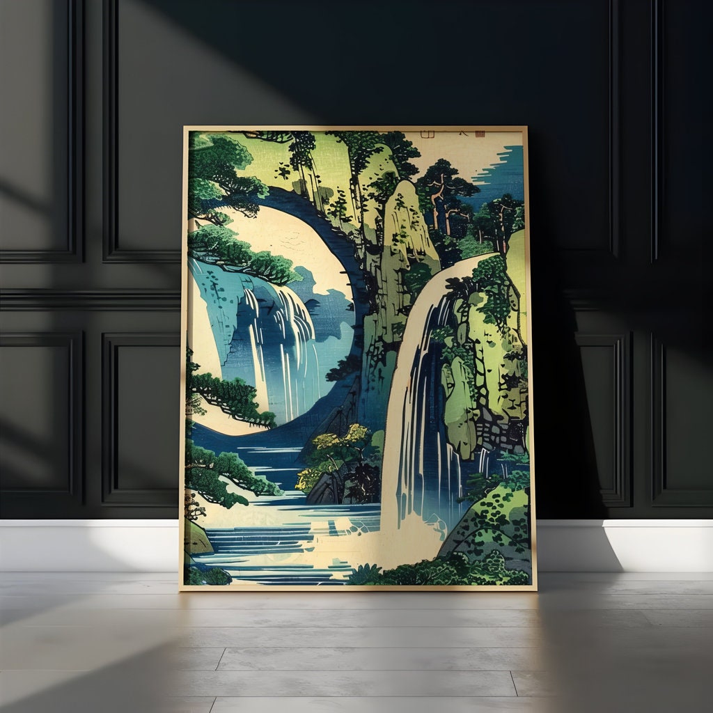 The Hidden Stream: Japanese Ukiyo-e Waterfall & Pavilion | Serene & Traditional Asian Art