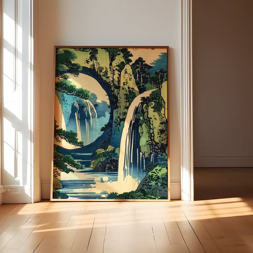 The Hidden Stream: Japanese Ukiyo-e Waterfall & Pavilion | Serene & Traditional Asian Art