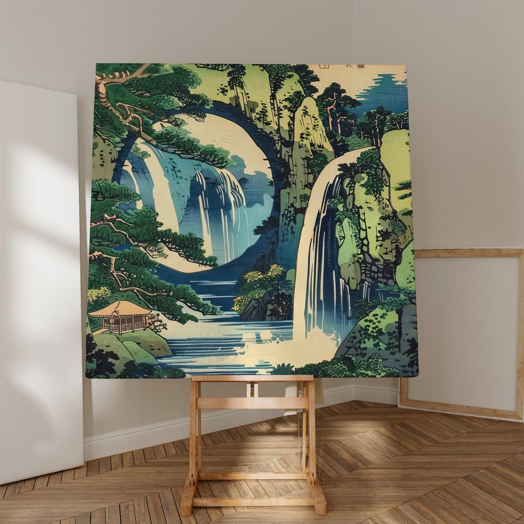 The Hidden Stream: Japanese Ukiyo-e Waterfall & Pavilion | Serene & Traditional Asian Art