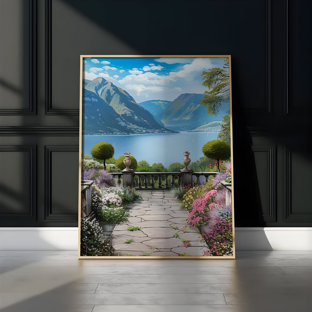 The Walled Garden: Tranquil Lake & Mountain Vista | Serene & Idyllic Landscape Art