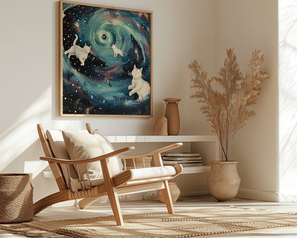 Galactic Whimsy White Cats in a Swirling Galaxy, QR Live Art, Immersive Art