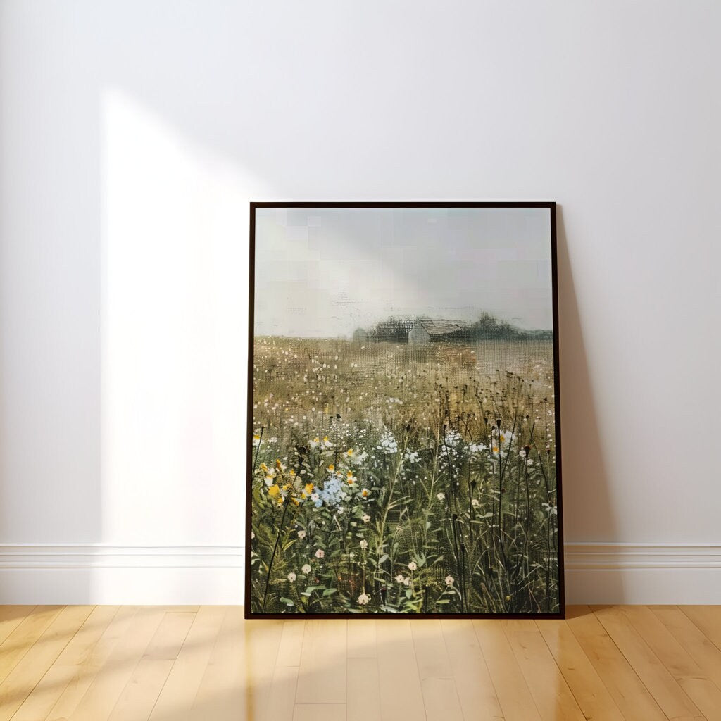 Whispers of Dawn: Impressionist Wildflower Field & Barn Art | Serene & Nostalgic Farmhouse Decor
