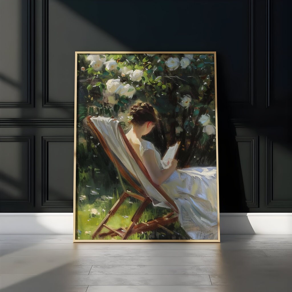 Garden Serenity: Impressionist Woman Reading with Dog | Idyllic & Peaceful Wall Art