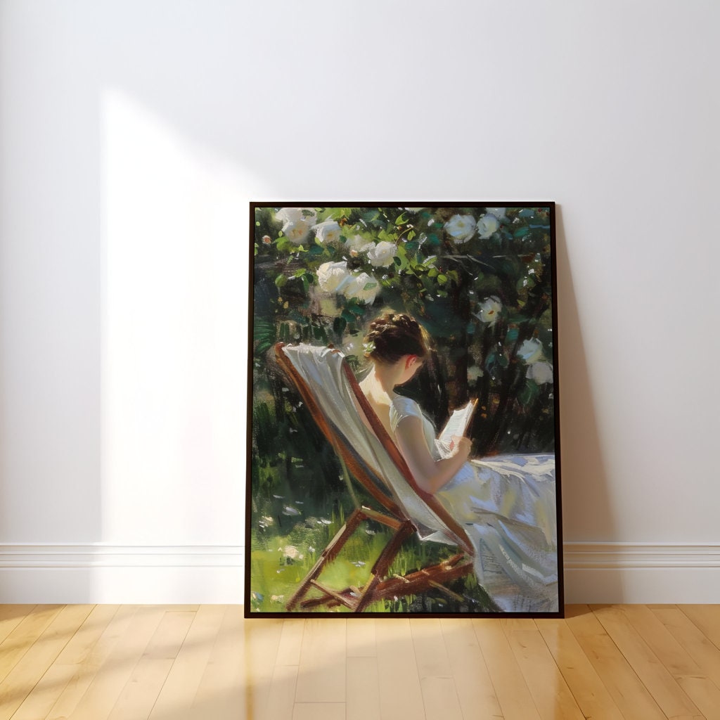 Garden Serenity: Impressionist Woman Reading with Dog | Idyllic & Peaceful Wall Art