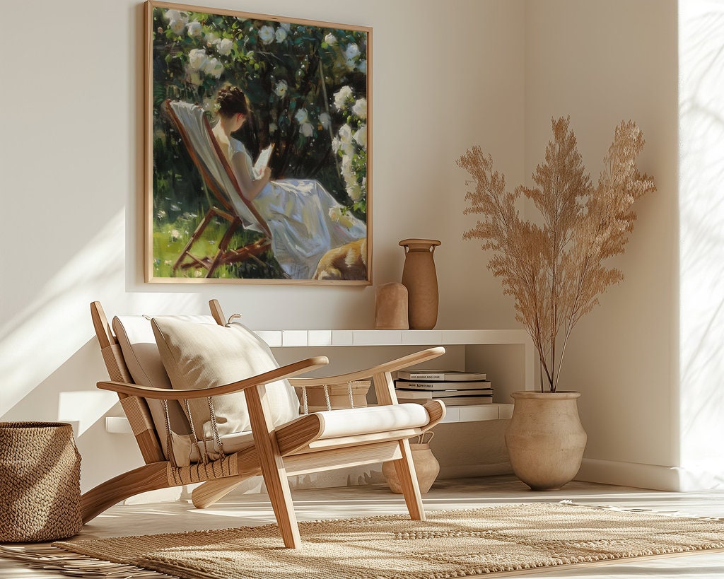 Garden Serenity: Impressionist Woman Reading with Dog | Idyllic & Peaceful Wall Art