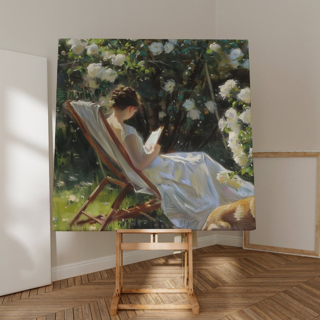 Garden Serenity: Impressionist Woman Reading with Dog | Idyllic & Peaceful Wall Art