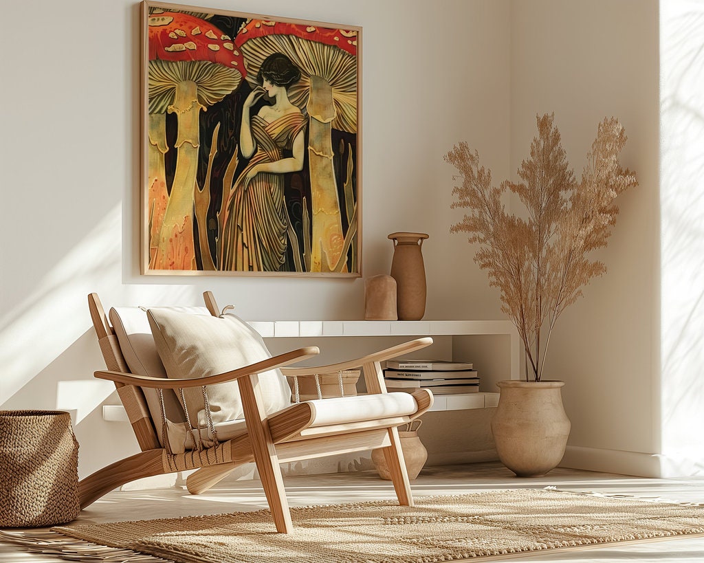 The Mushroom Queen: Art Nouveau Woman in a Glowing Forest | Ethereal & Enchanting Wall Art