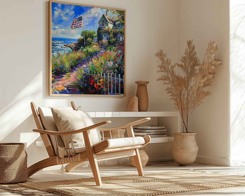 The American Dream: Impressionist Coastal Cottage with Flag | Patriotic & Serene Wall Art