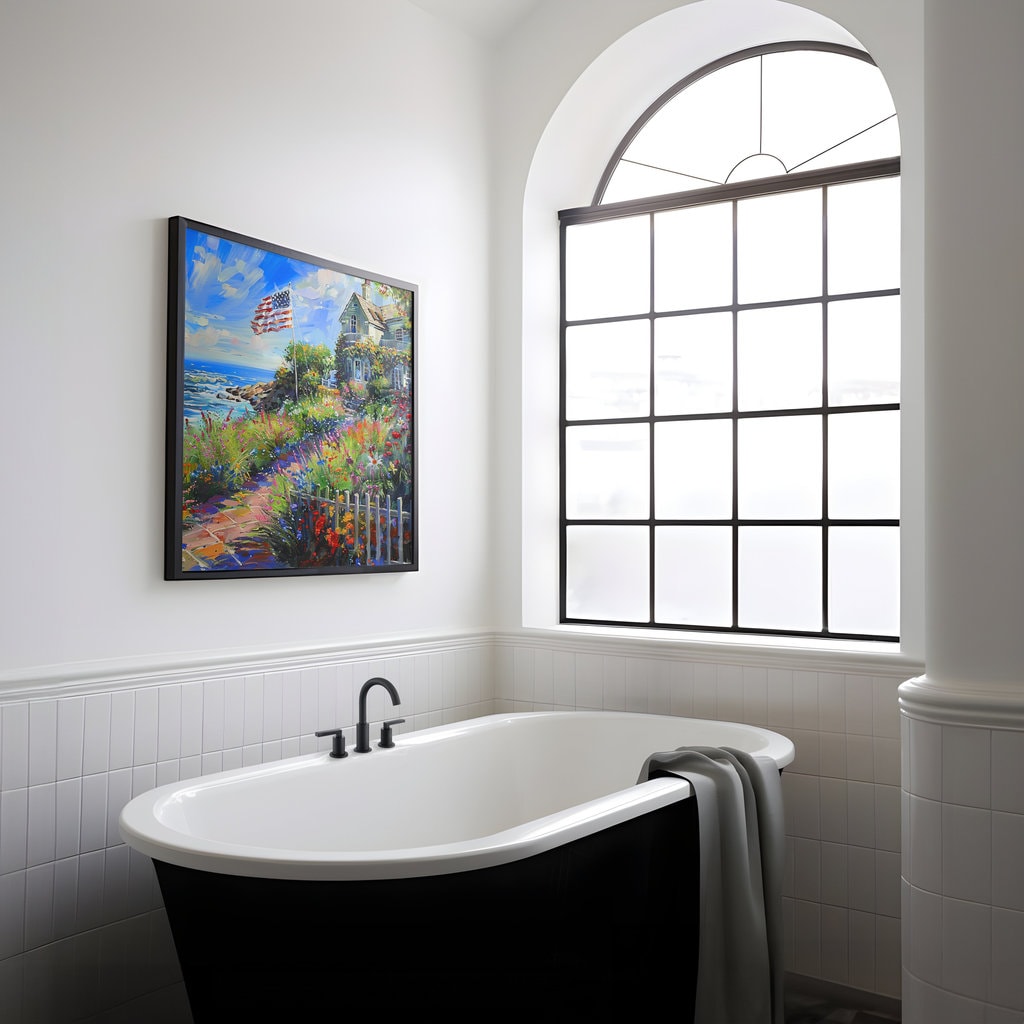 The American Dream: Impressionist Coastal Cottage with Flag | Patriotic & Serene Wall Art