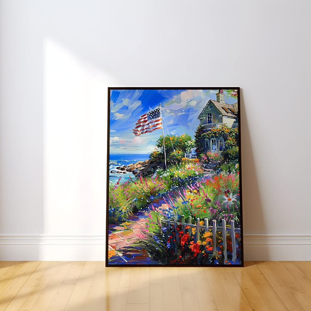 The American Dream: Impressionist Coastal Cottage with Flag | Patriotic & Serene Wall Art