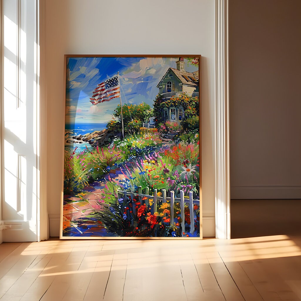 The American Dream: Impressionist Coastal Cottage with Flag | Patriotic & Serene Wall Art