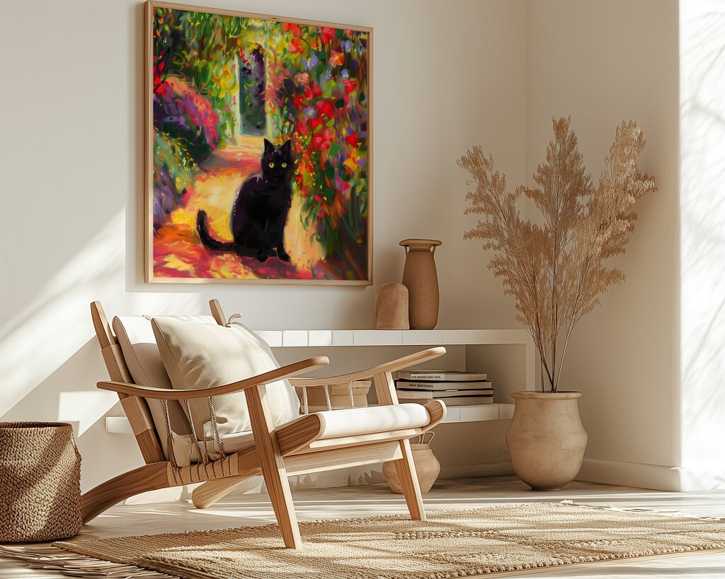 Garden Guardian Black Cat in a Floral Paradise Interactive Wall Art